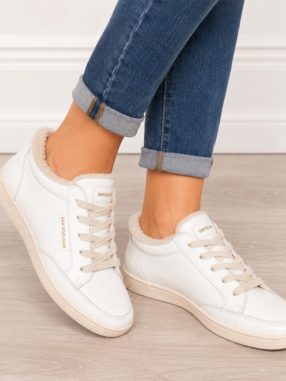 Sam Edelman White Leather High Top Sneakers Shearling Lined Size 8.5